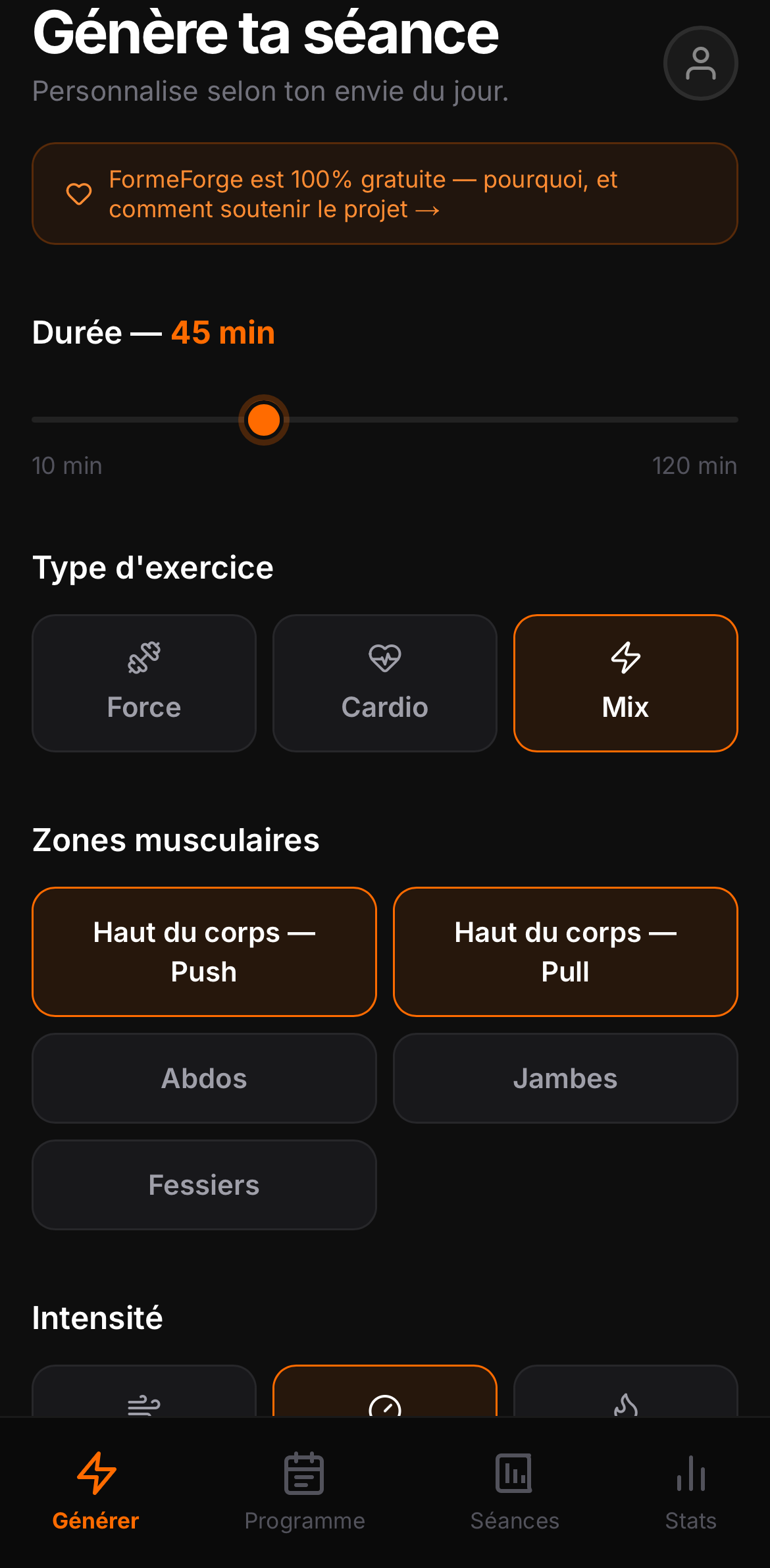 Le générateur de séance FormeForge